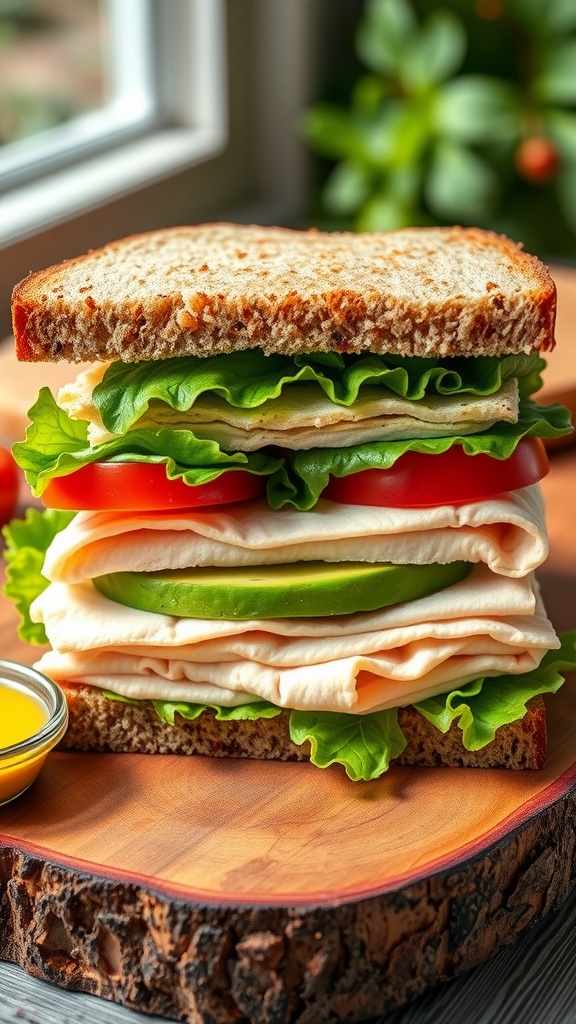 A savory turkey and avocado sandwich on whole grain bread, cut in half, with fresh ingredients on a wooden board.